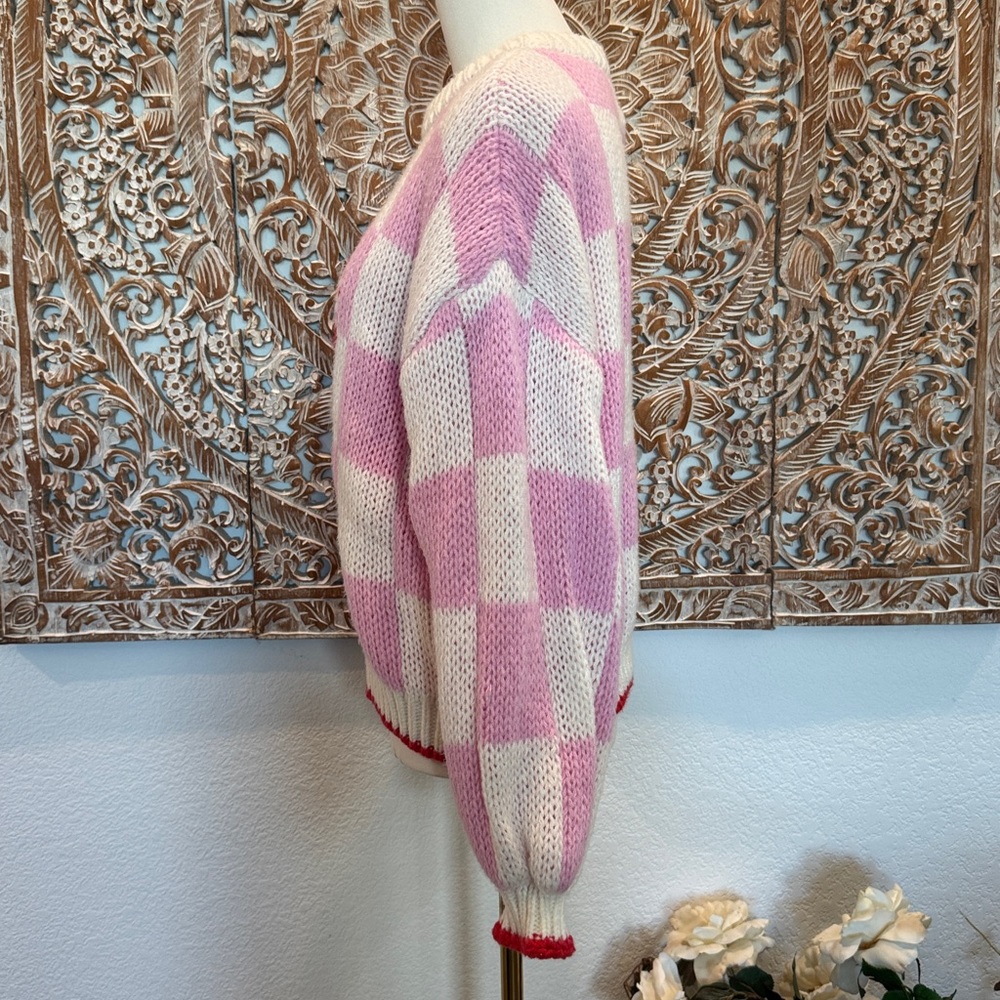 Luna Ivy Pink & White Crochet Checkered & Heart Sweater, Puff Sleeves, Cozy Soft - Picture 10 of 15